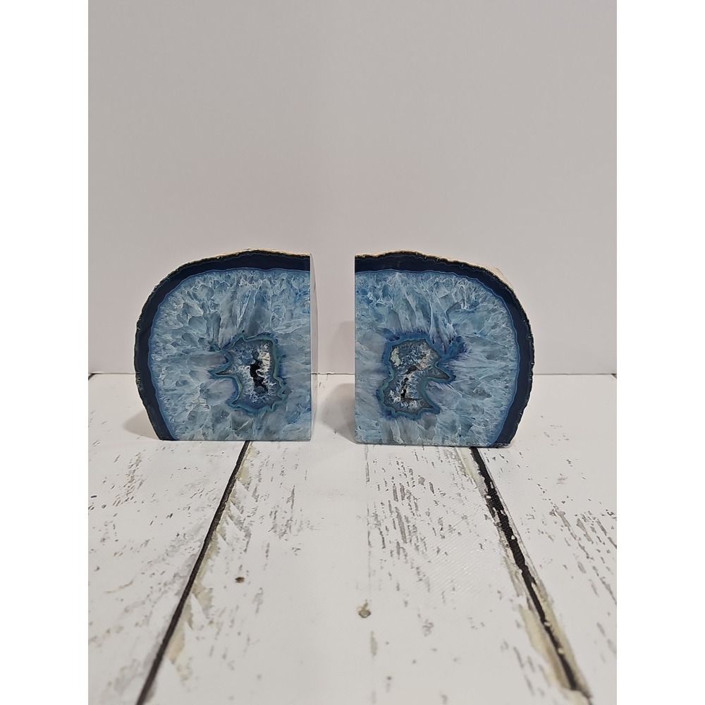 Blue Polished Geode Agate Quartz Natural Stone Bookends PAIR